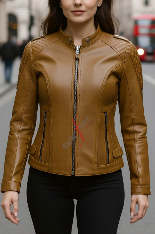 Anna Racer Cognac Leather Jacket For Women (SF099)