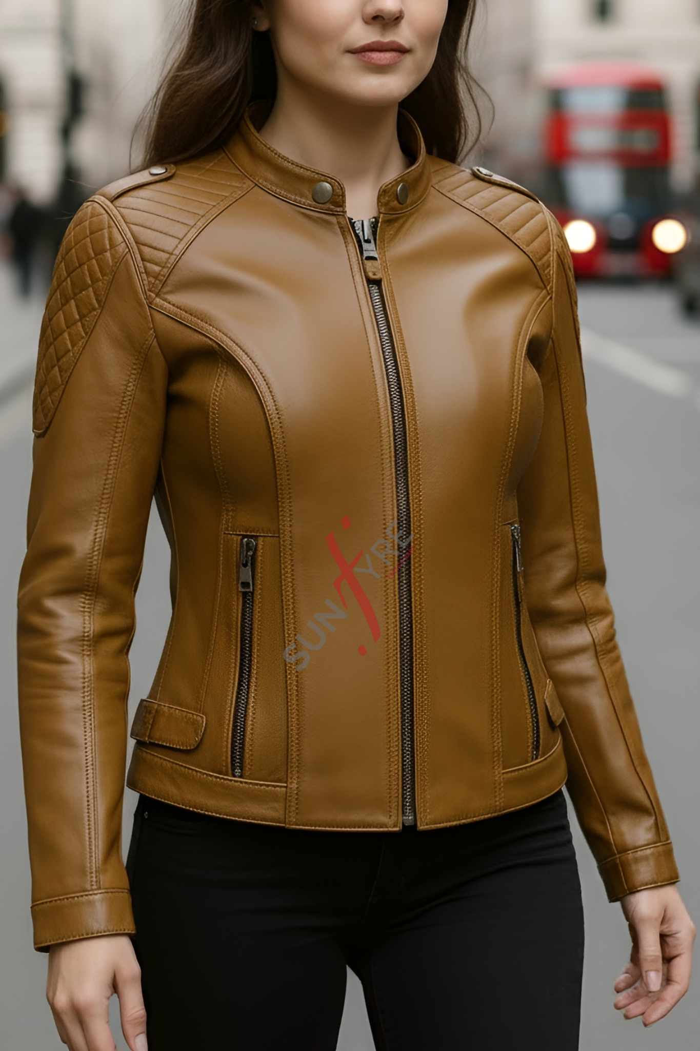 Alina Racer Cognac Leather Jacket For Women (SF099)