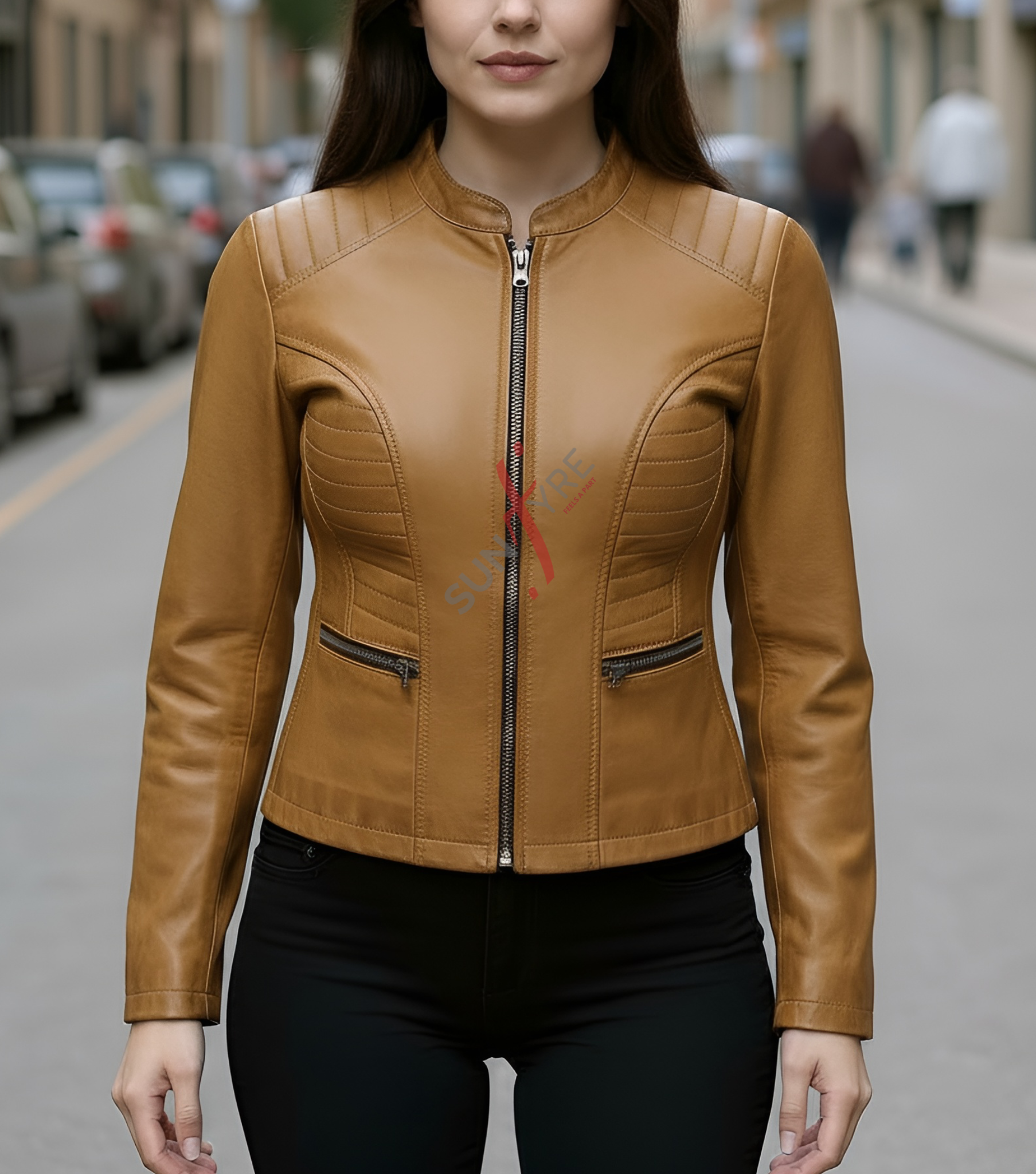 Woman wearing a brown leather jacket on a street background