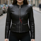 Anna Racer Black Leather Jacket For Women (SF386)