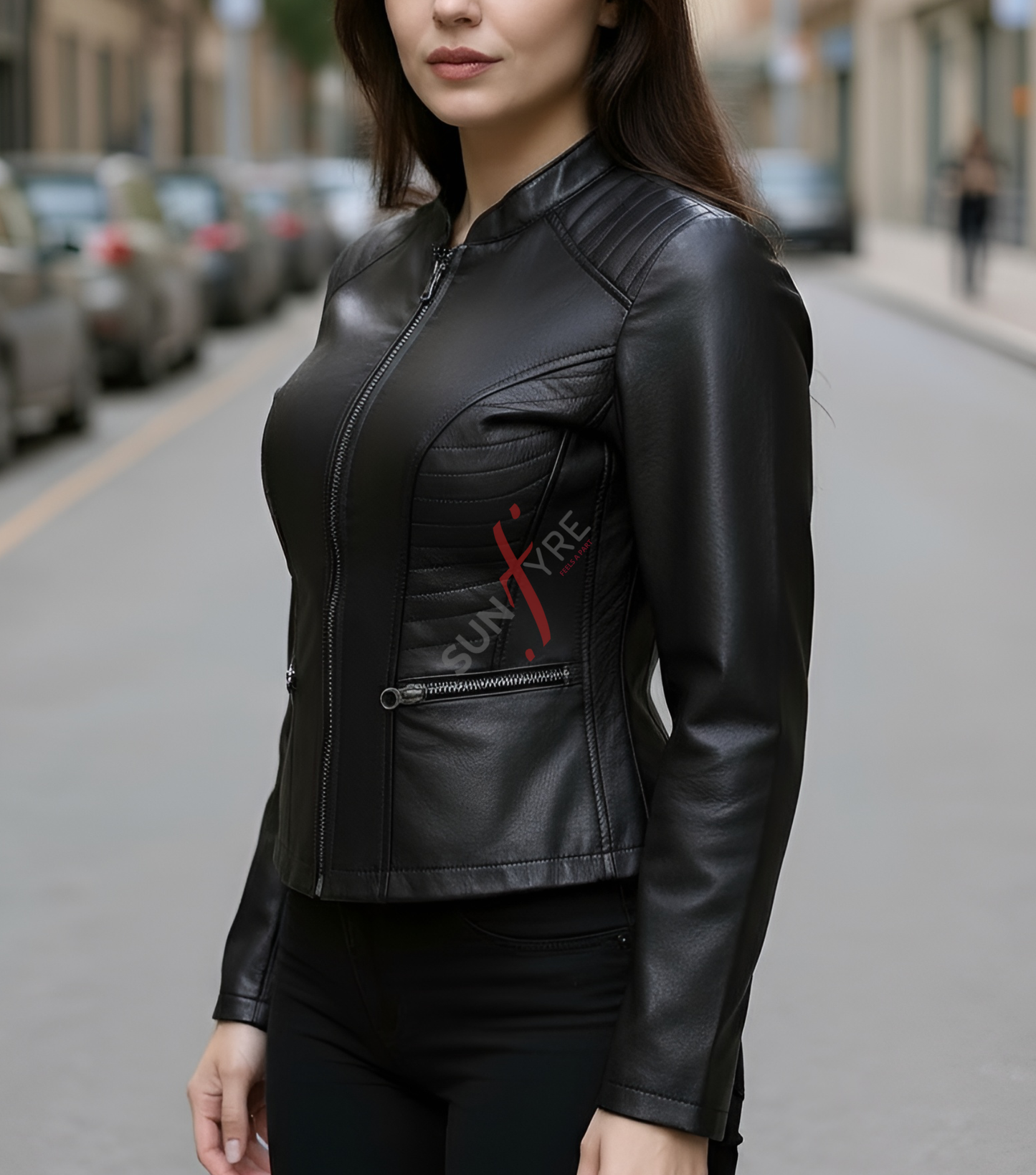 Anna Racer Black Leather Jacket For Women (SF386)