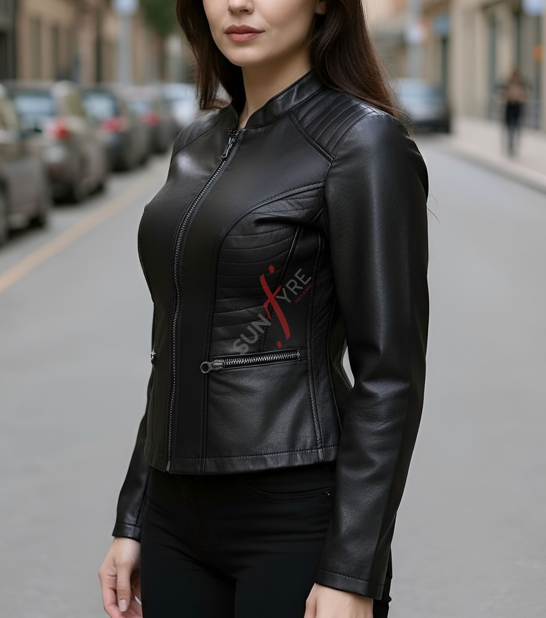 Anna Racer Black Leather Jacket For Women (SF386)