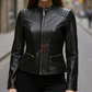 Quilted Shoulder Black Biker Leather Jacket for Women Real Sheepskin (SF386)