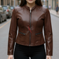 Anna Racer Brown Leather Jacket For Women (SF327)