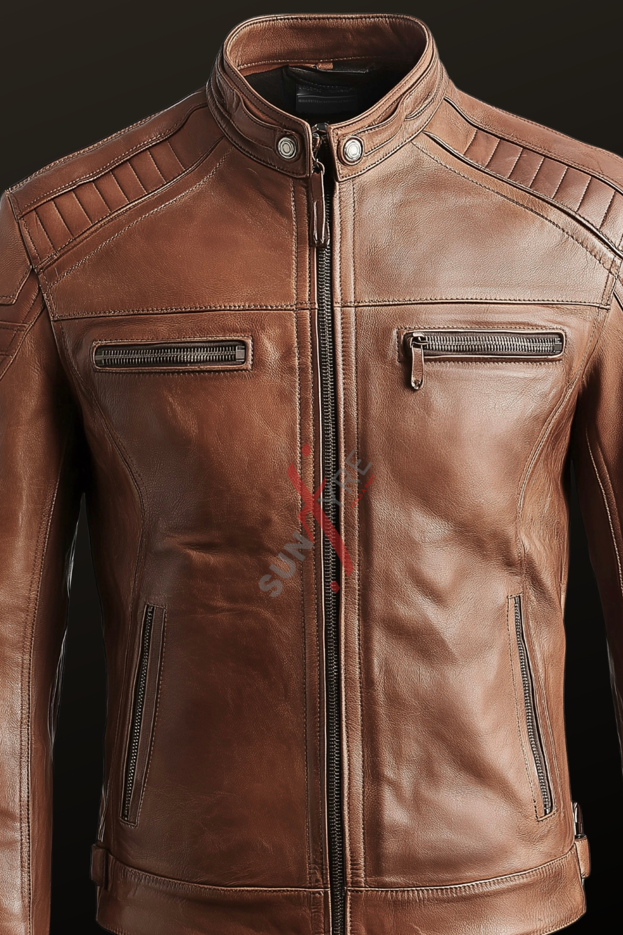  Cafe Racer Slim Fit Tan Biker Leather Jacket 