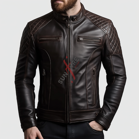 Real Sheepskin Distressed Cafe Racer Brown Leather Biker Jacket For Men