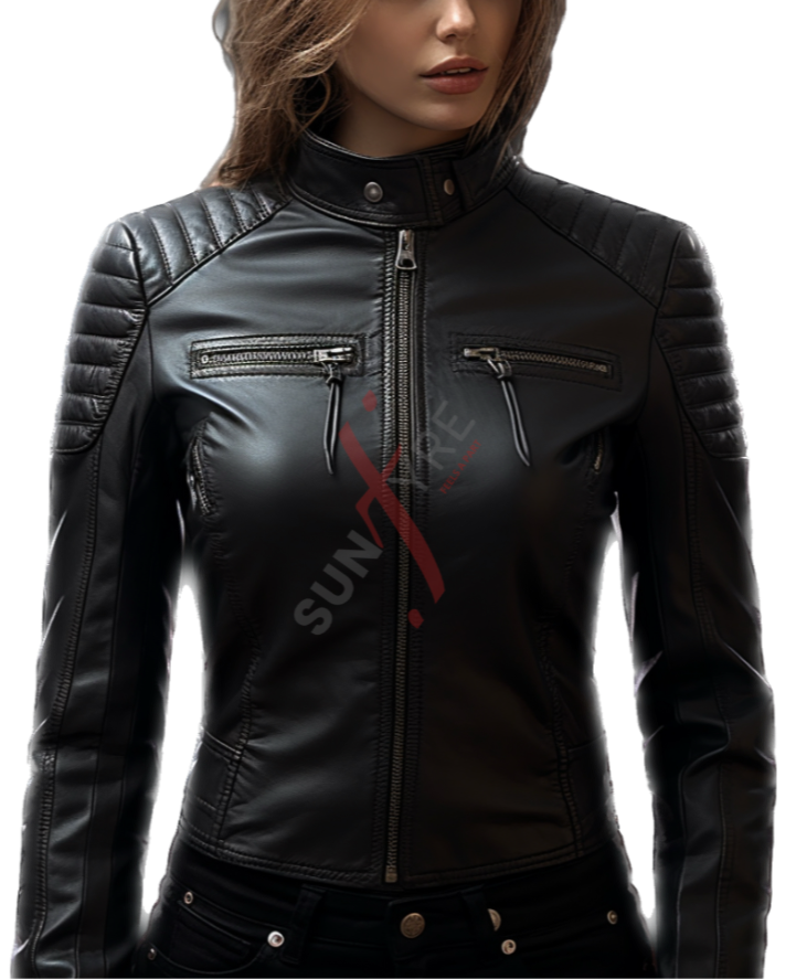 Dodge Sheepskin Quilted Black Leather Jacket For Women