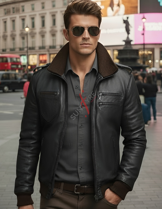 Man wearing a black leather jacket and sunglasses on a city street