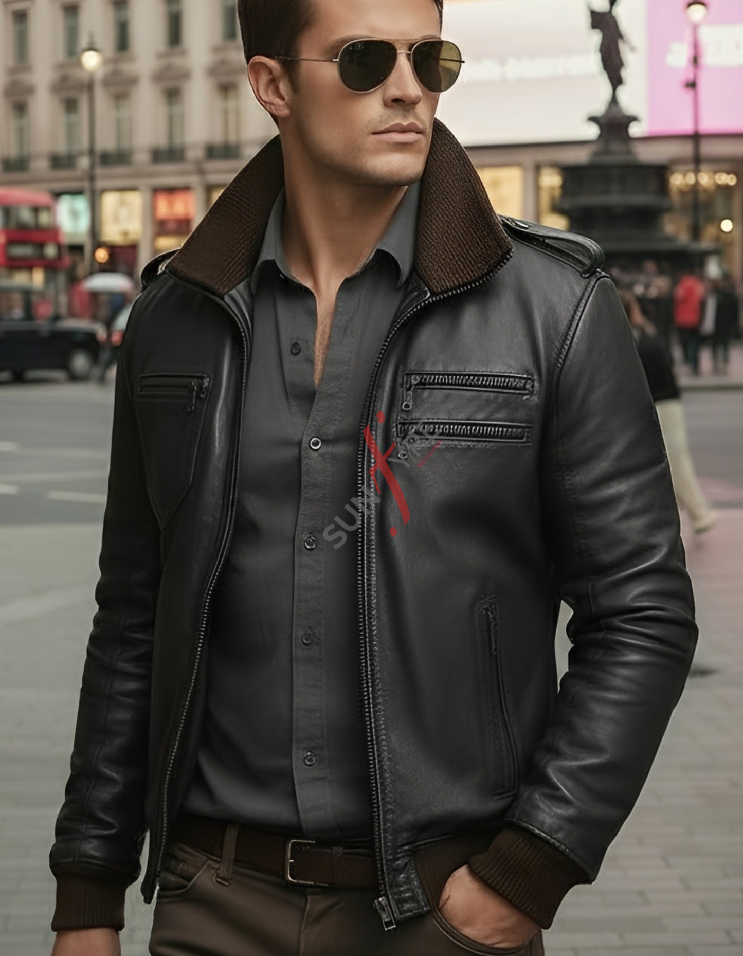 Man wearing a black leather jacket and sunglasses in an urban setting