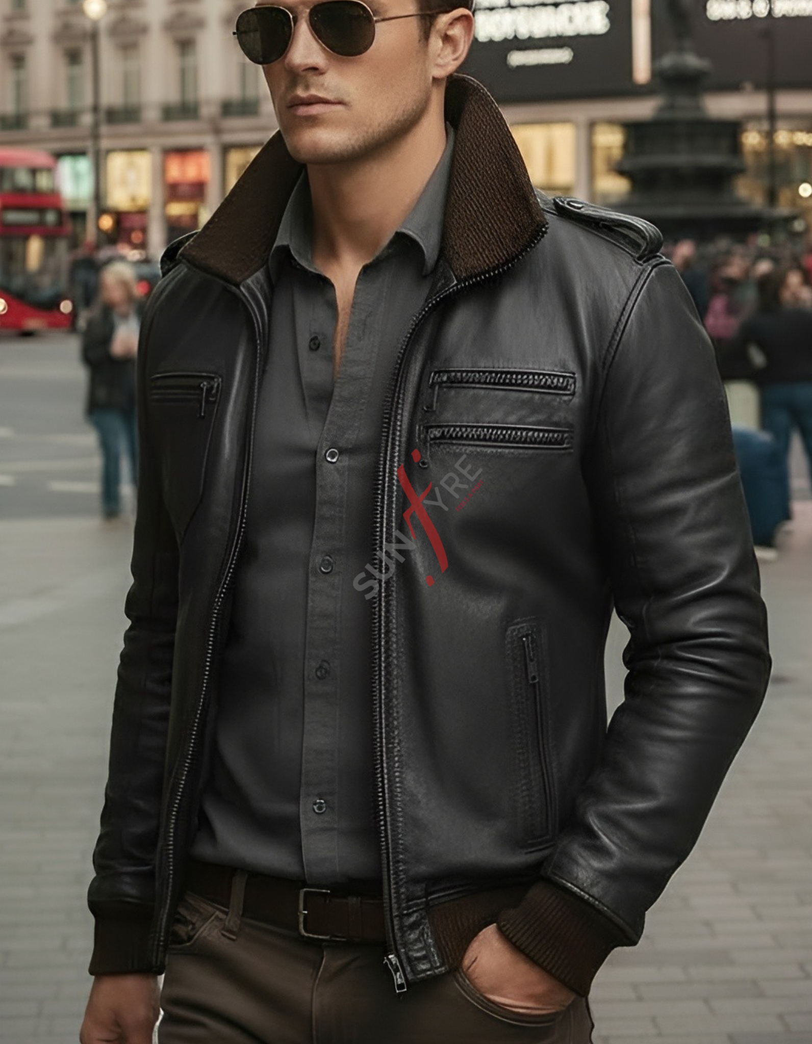 Man wearing a black leather jacket and sunglasses on a city street