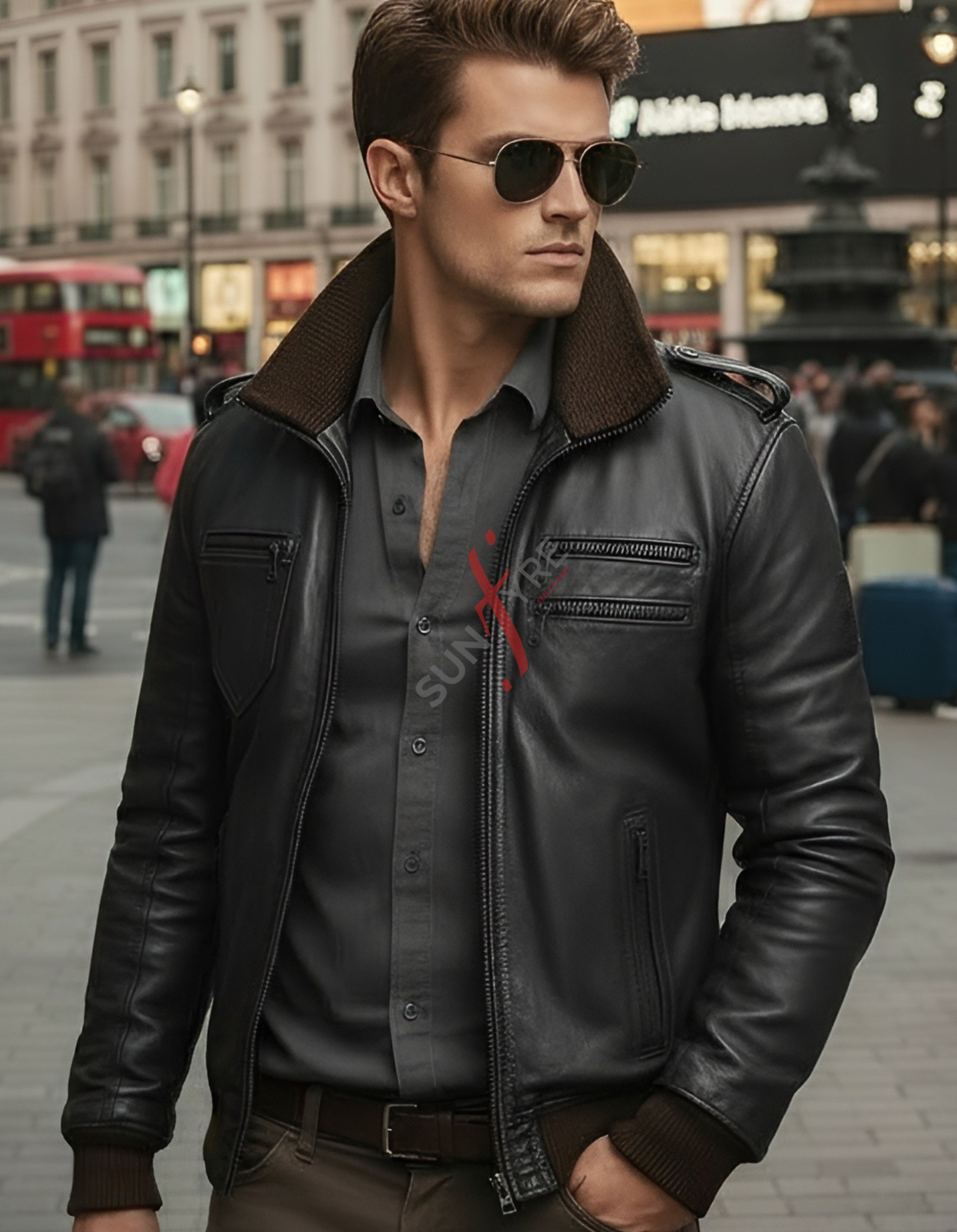 Man wearing a black leather jacket and sunglasses on a city street.