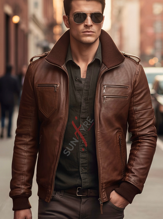 Brandon Chestnut Brown Bomber Leather Jacket For Men (SF524)
