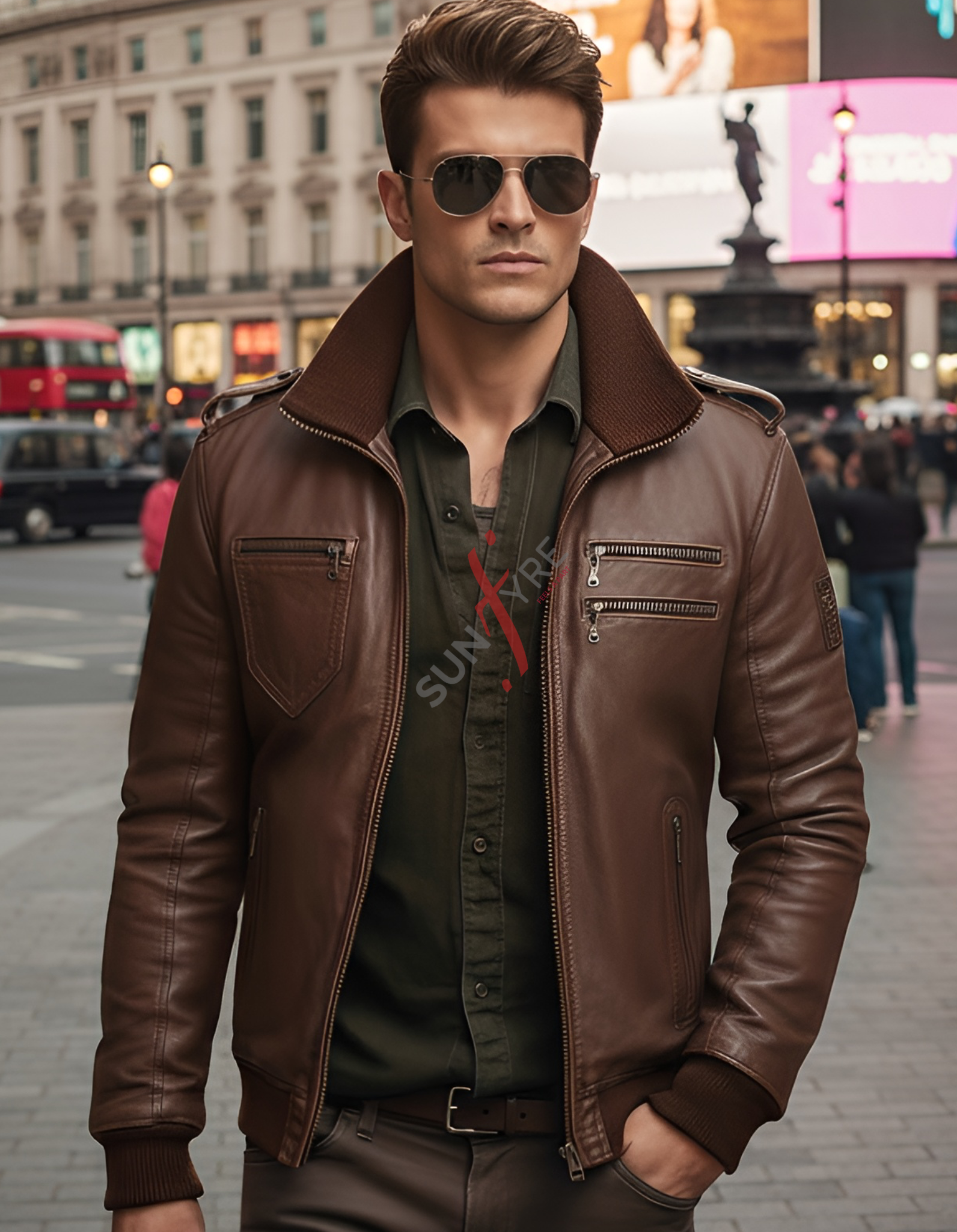 Man wearing a brown leather jacket and sunglasses on a city street