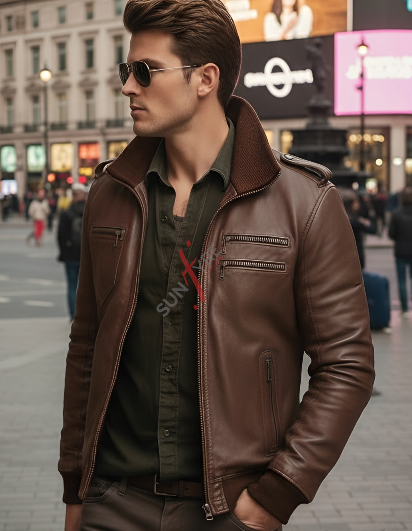 Man wearing a brown leather jacket and sunglasses in an urban setting