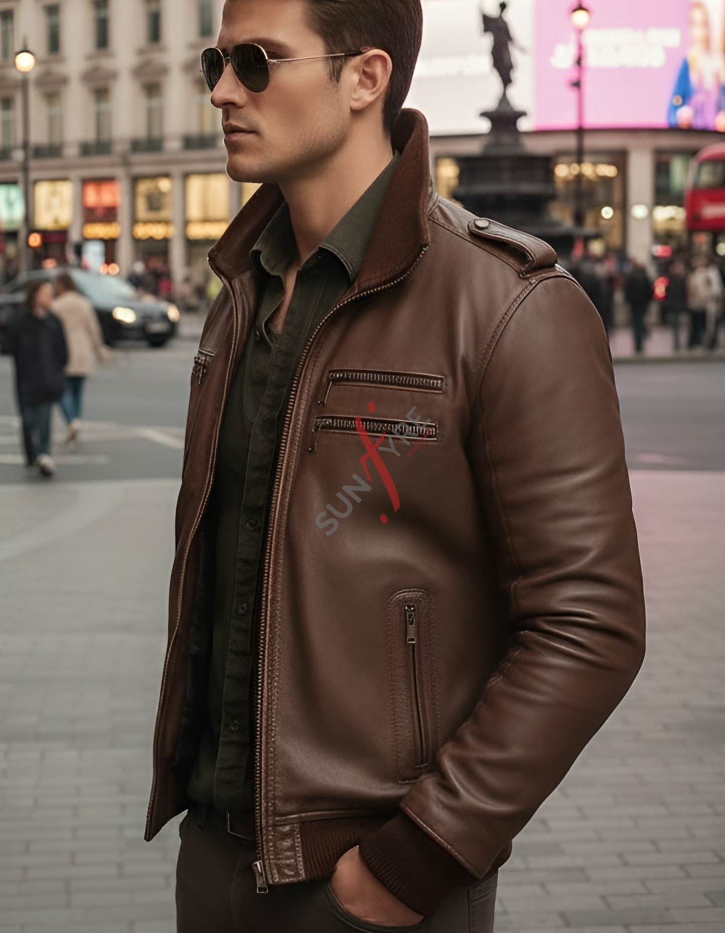 Man wearing a brown leather jacket and sunglasses on a city street.