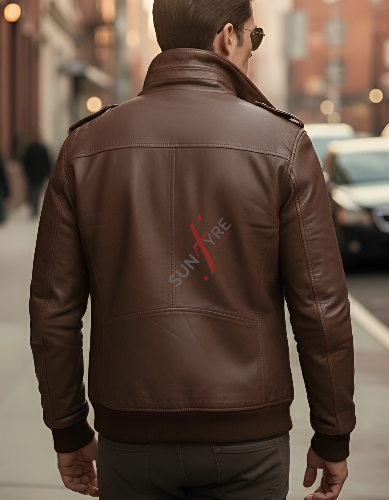 Man wearing a brown leather jacket with 'Sunfire' logo on the back, walking on a city street.