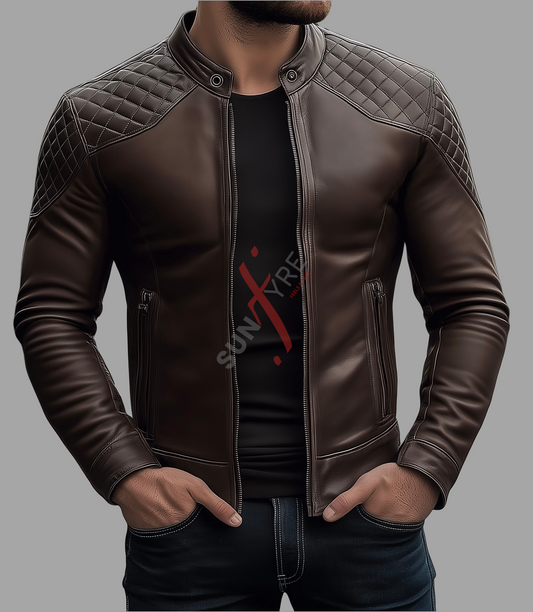 Original Sheepskin Distressed Cafe Racer Brown Leather Biker Jacket For Men