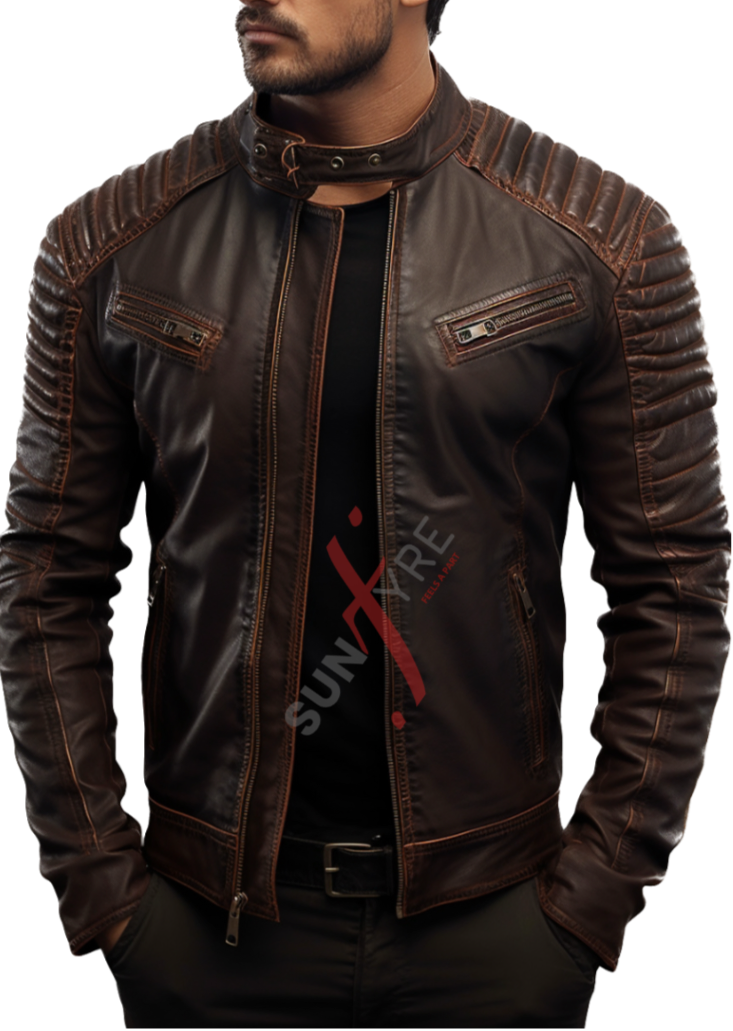 Original Sheepskin Brown Quilted With Tan Stitching Leather Jacket For Men