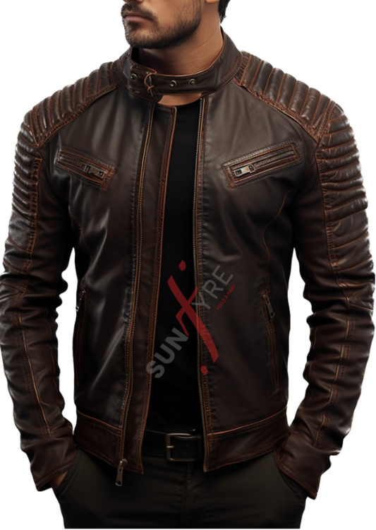 Original Sheepskin Brown Quilted With Tan Stitching Leather Jacket For Men