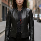 Women’s Slim Fit Cafe Racer Black Leather Jacket 