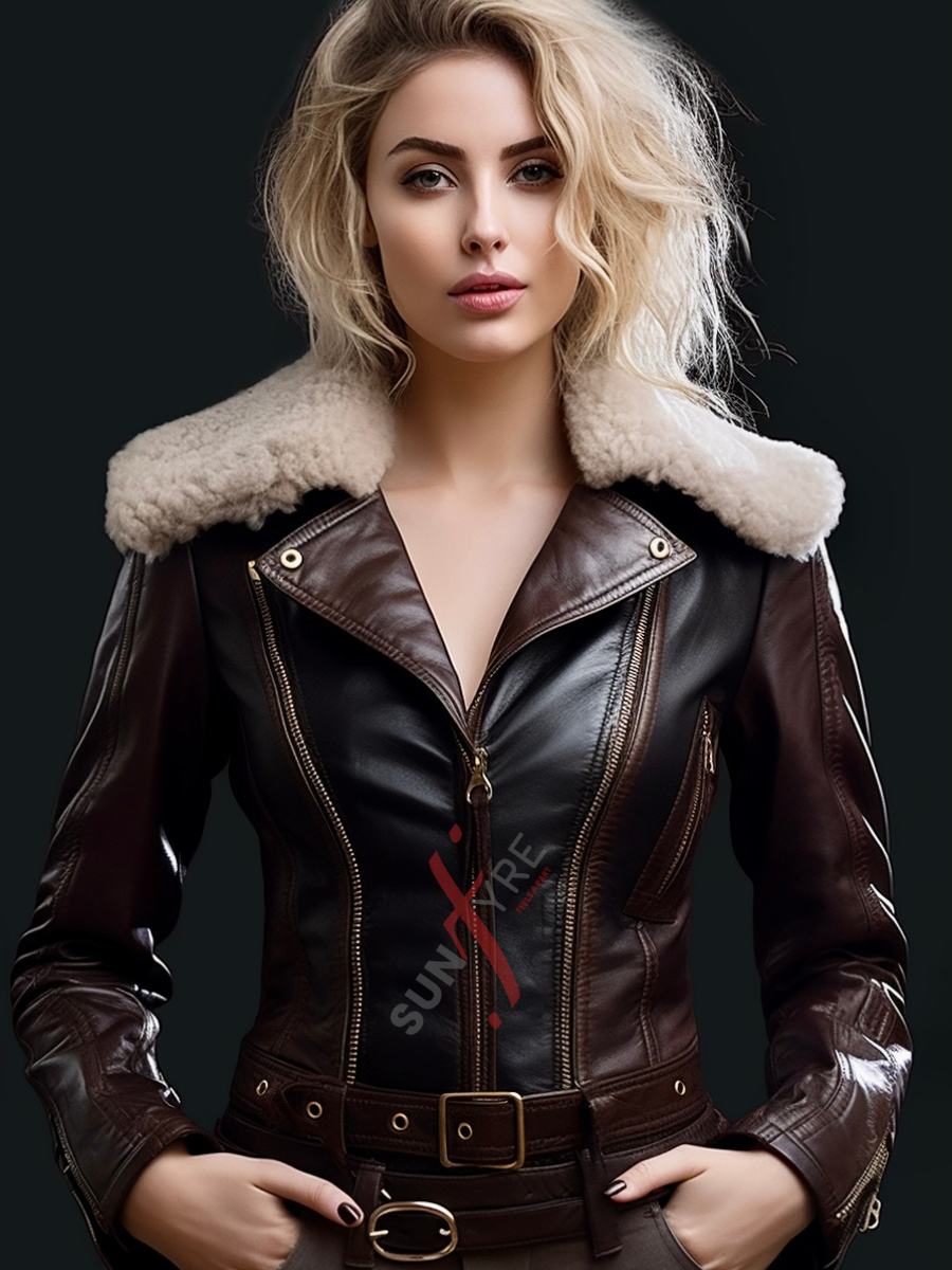 Real Sheepskin Two Tone Belted Shearling Motorcycle Leather Jacket For Women