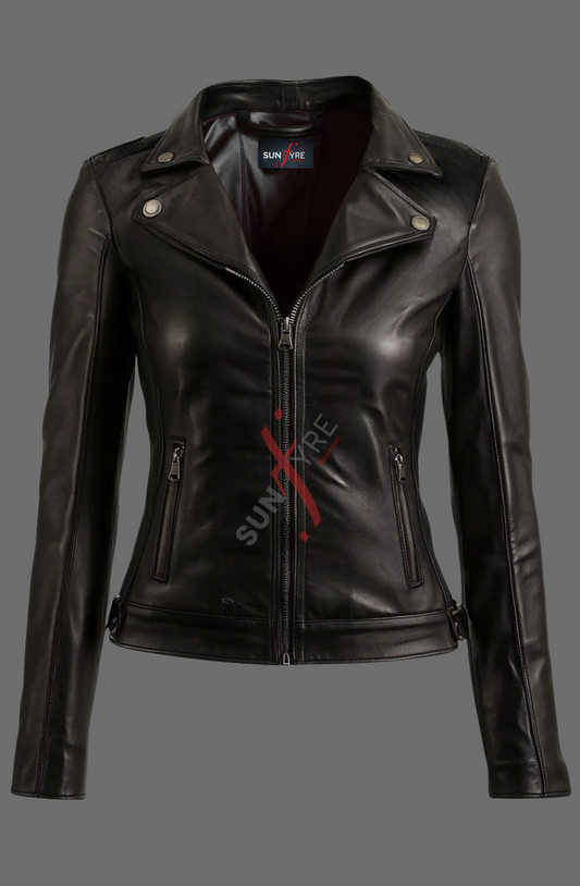 Black Leather Biker Jacket For Women in Real Sheepskin (SF321)