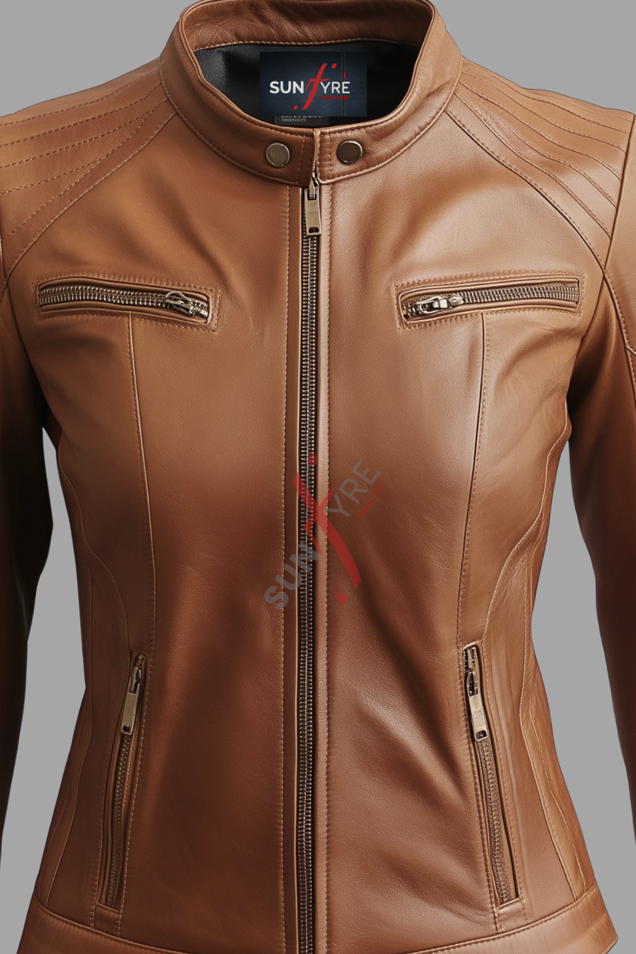 Quillted Cafe Racer Sheepskin Cognac Biker Leather Jacket