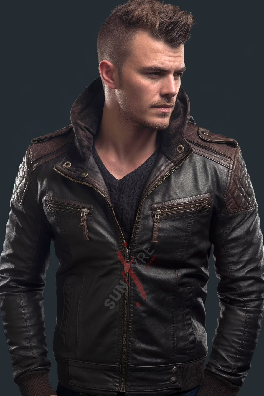 Original Sheepskin Black Two Tone Bomber Leather Jacket For Men