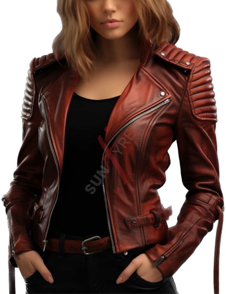 Quilted Sheepskin Burgundy Distressed Leather Motorcycle Jacket For Women