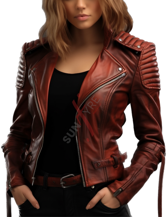 Quilted Sheepskin Burgundy Distressed Leather Motorcycle Jacket For Women