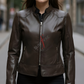 Chocolate Brown Racer Leather Jacket For Women Real Sheepskin (SF353)