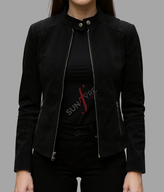 Black Nubuk Leather Jacket for Women (SF365)