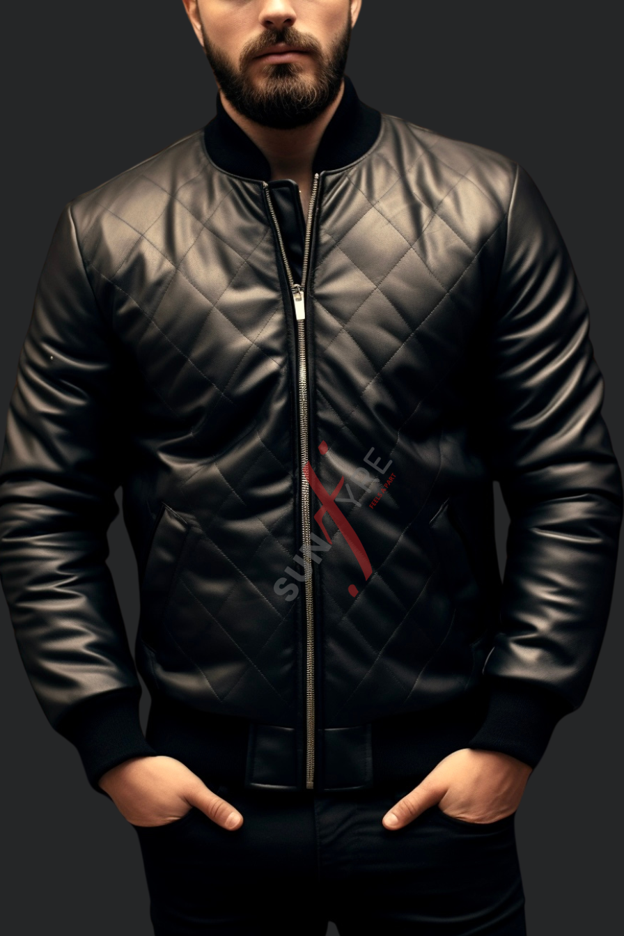 Real Sheepskin Black Quilted Bomber Leather Jacket For Men