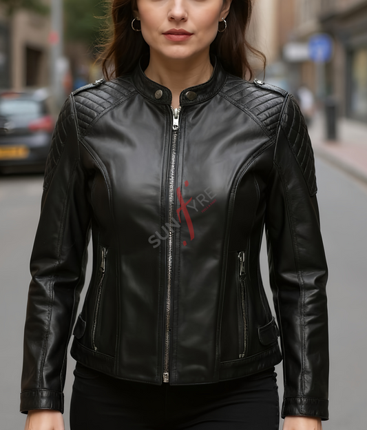 Black Cafe Racer Leather Jacket For Women in Real Sheepskin (SF112)