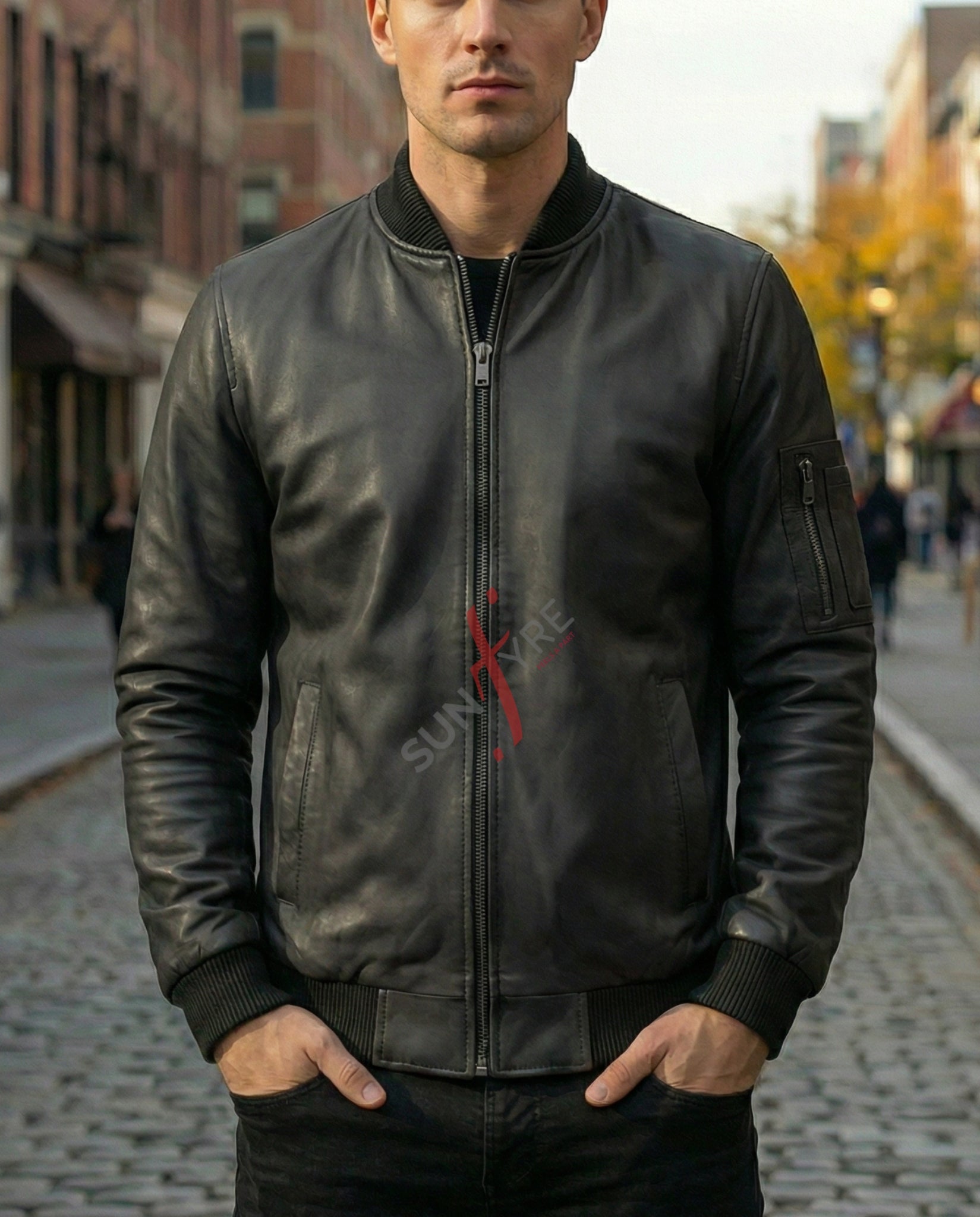 Man wearing a black leather jacket with a red logo on a city street.