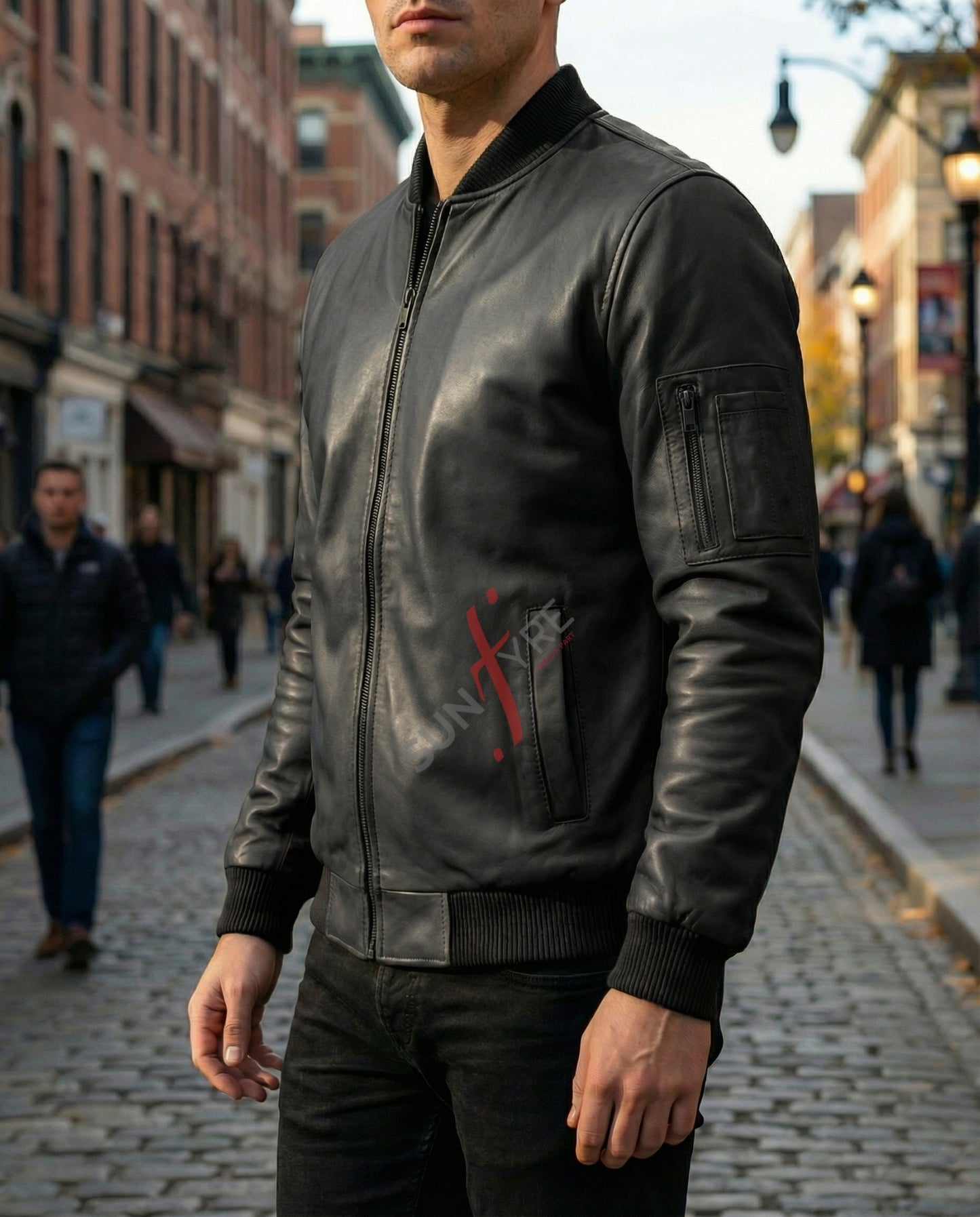 Man wearing a black leather jacket with a red and white emblem on a city street.