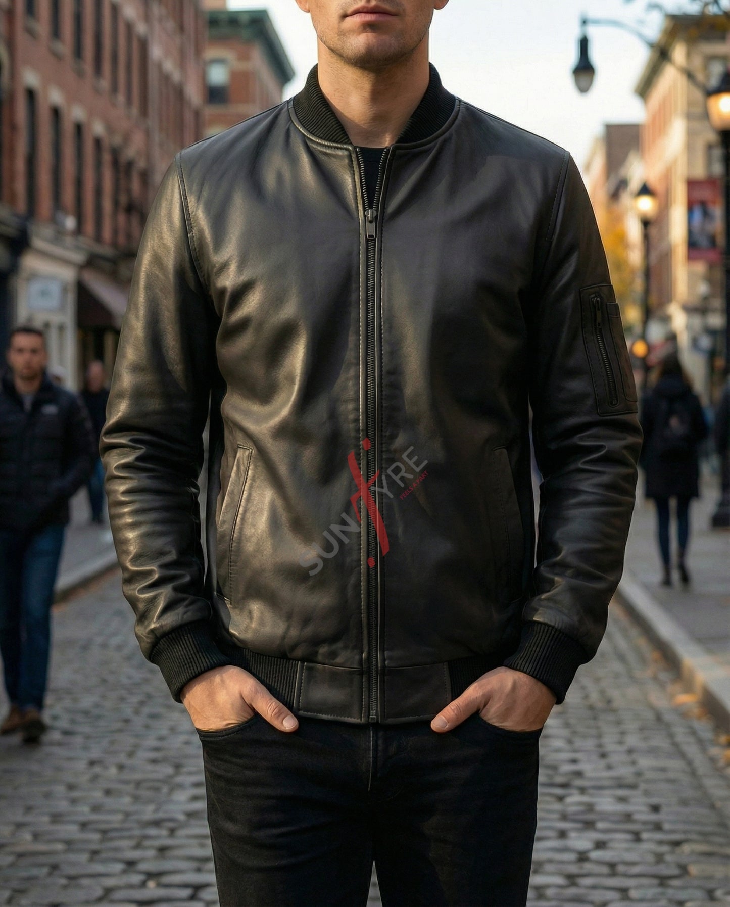 Person wearing a black leather jacket with a brand logo on a city street.