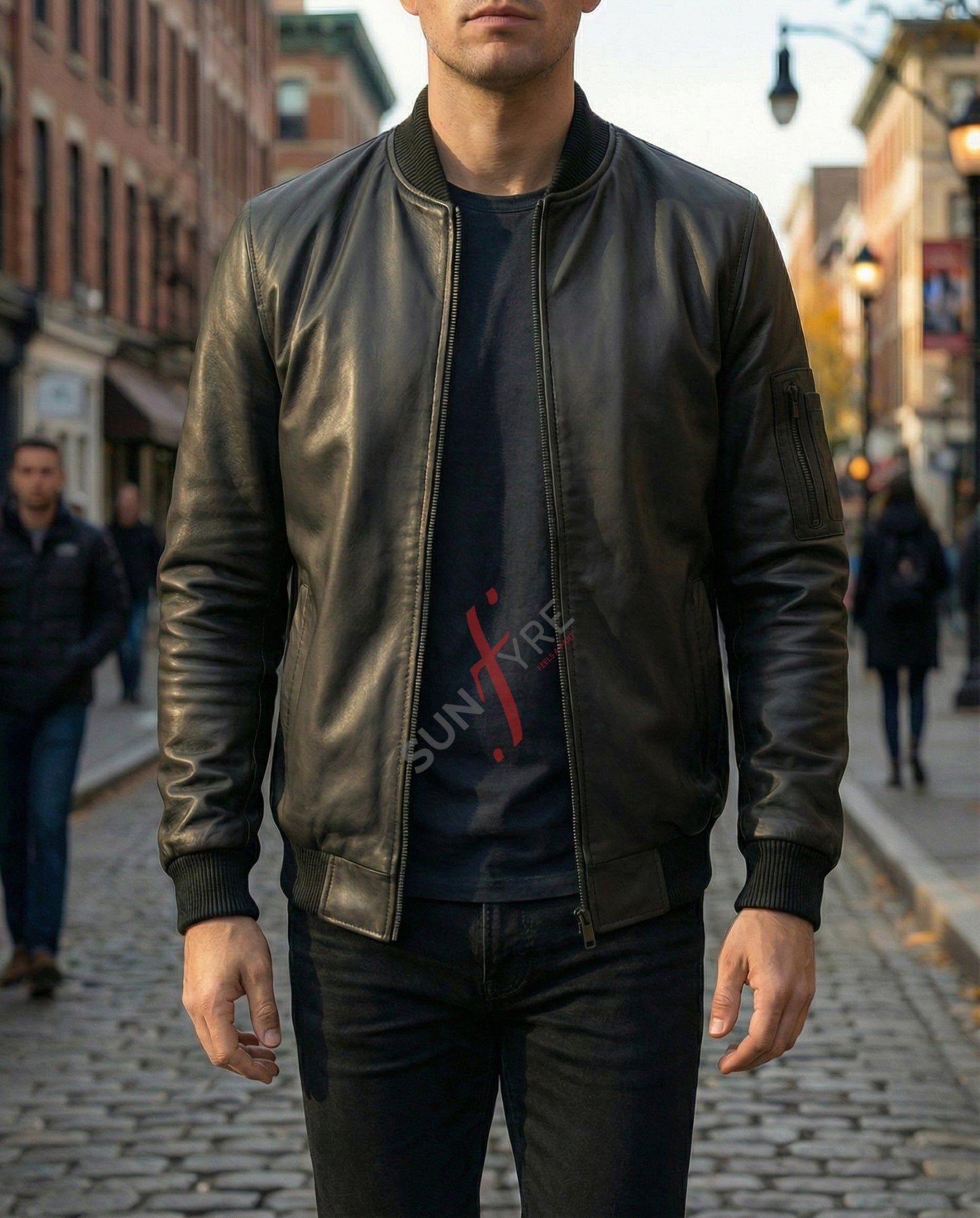 Person wearing a brown leather jacket on a city street