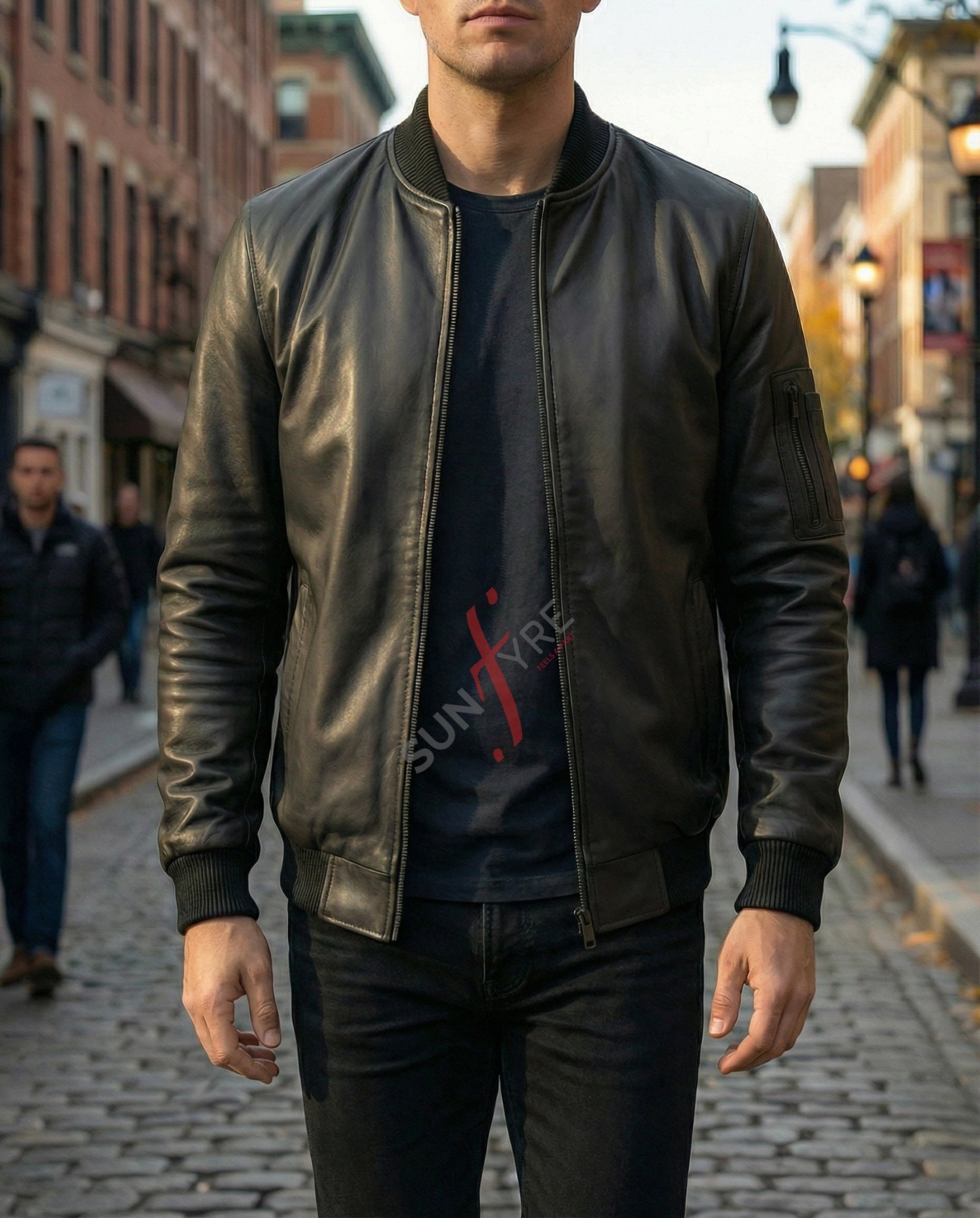 Person wearing a brown leather jacket on a city street