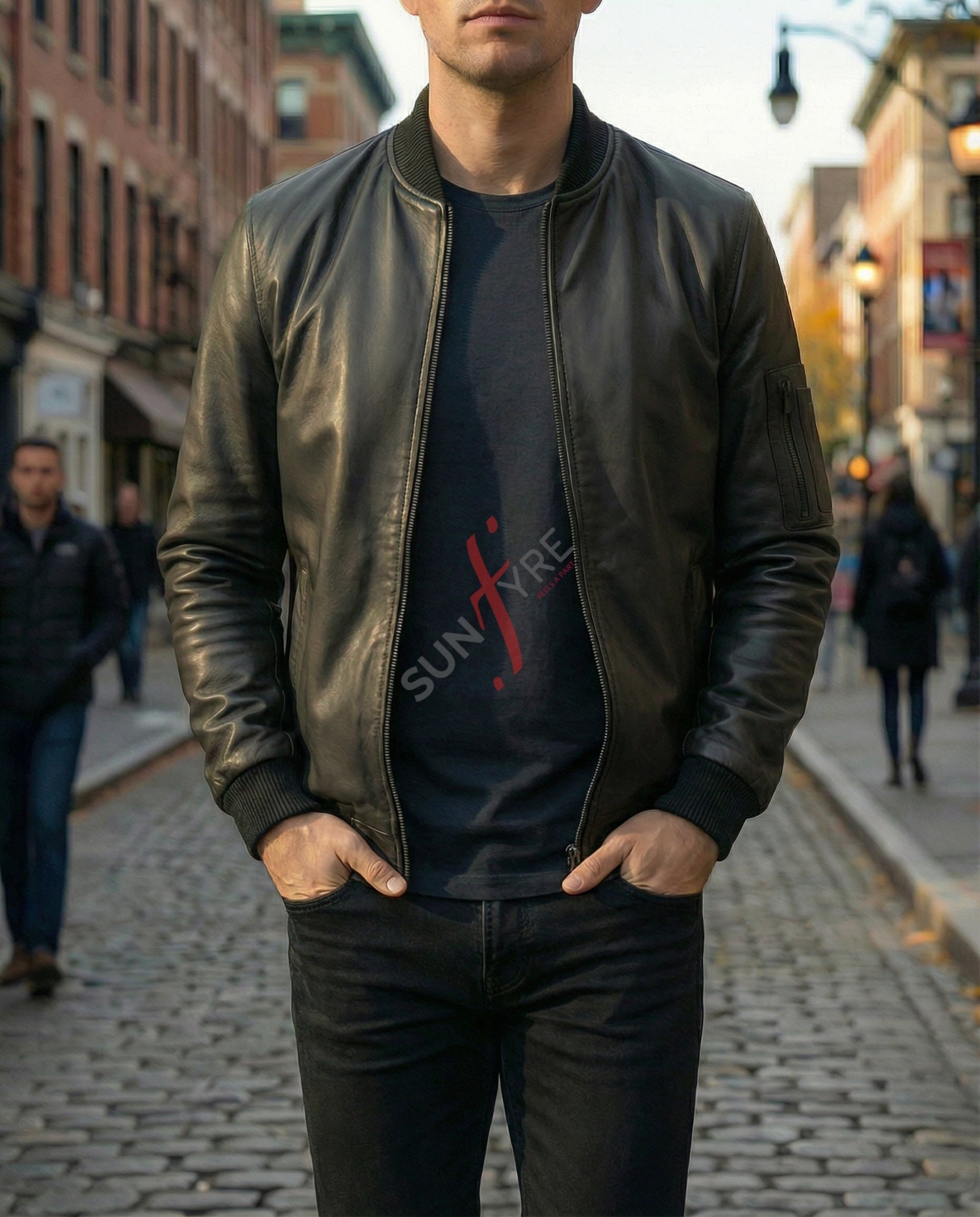 Man wearing a leather jacket and dark t-shirt with 'Sunfire' logo on a city street.