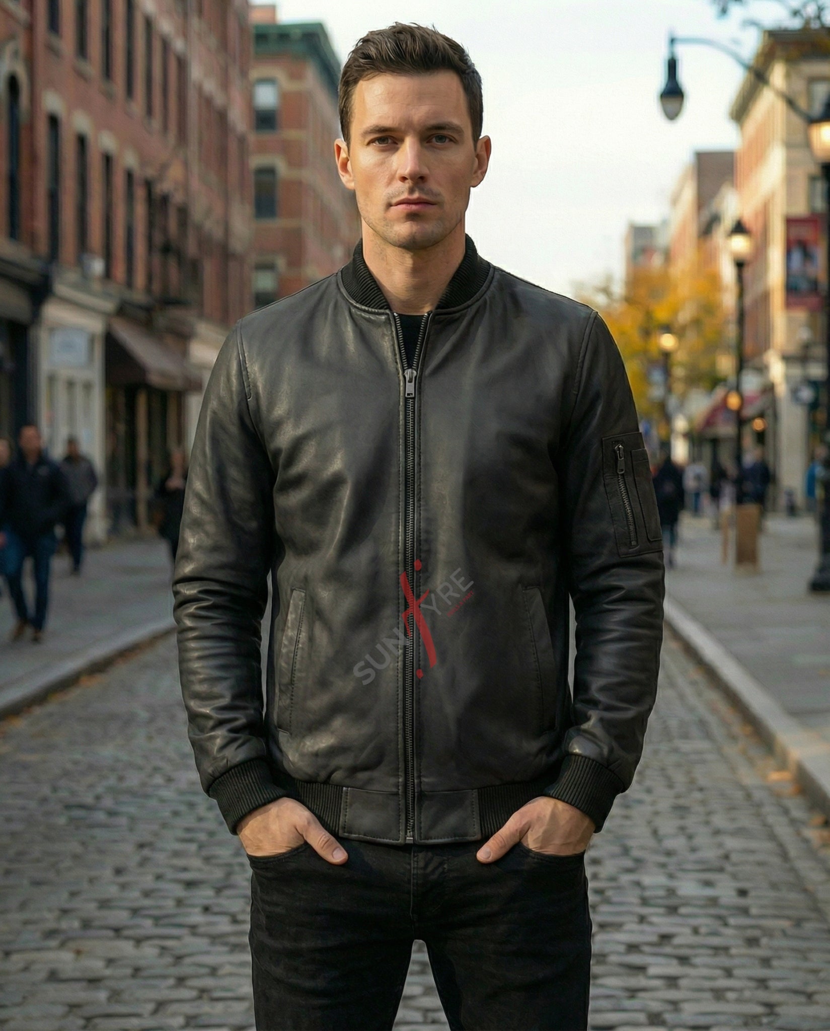 Man wearing a black leather jacket on a city street
