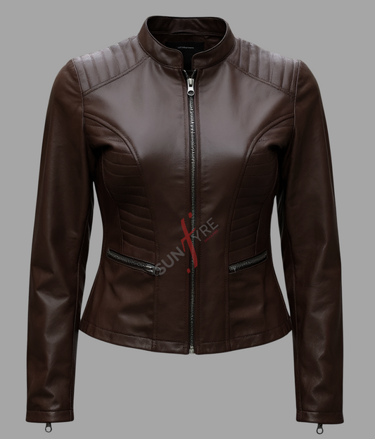 Cafe Racer Quilted Brown Leather Jacket For Women Original Sheepskin (SF327)