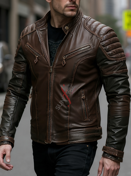 Rock Brown quilted Leather Jacket For Men (SF585)