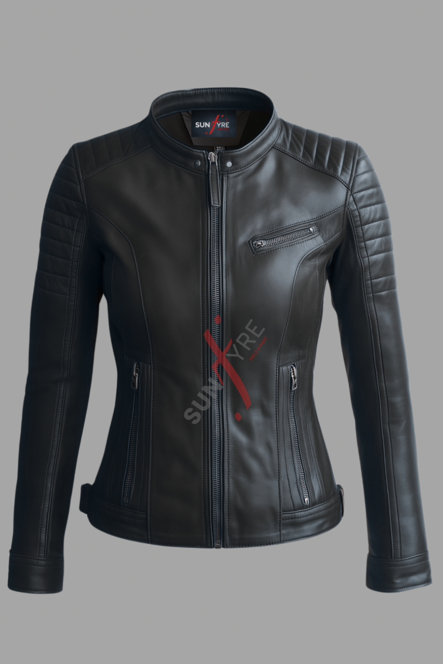 Cafe Racer Lambskin Black Leather Jacket For Women