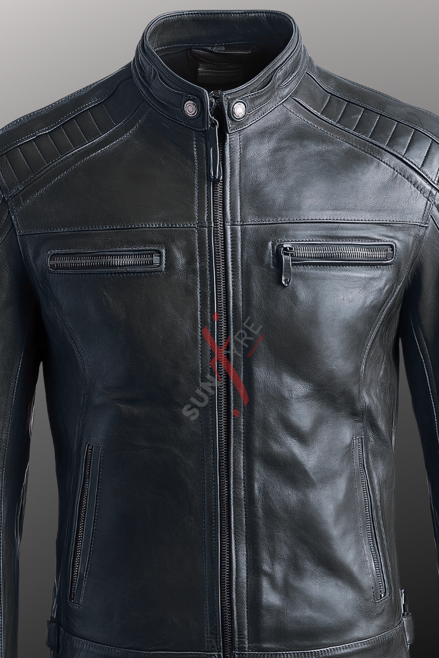 Austin Sheepskin Black Cafe Racer Leather Jacket 