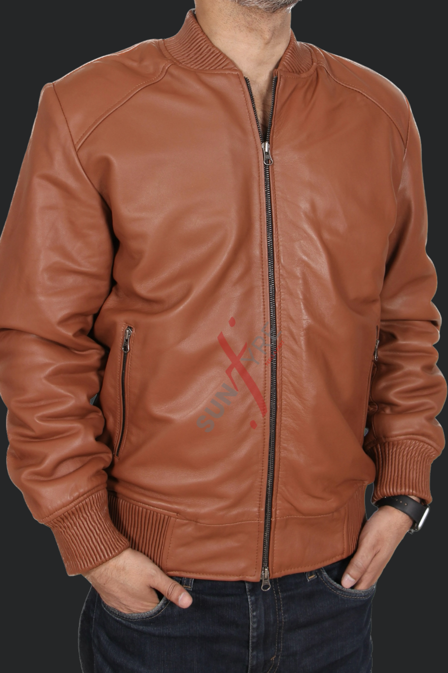 Original Lambskin Cognac Bomber Leather Jacket For Men