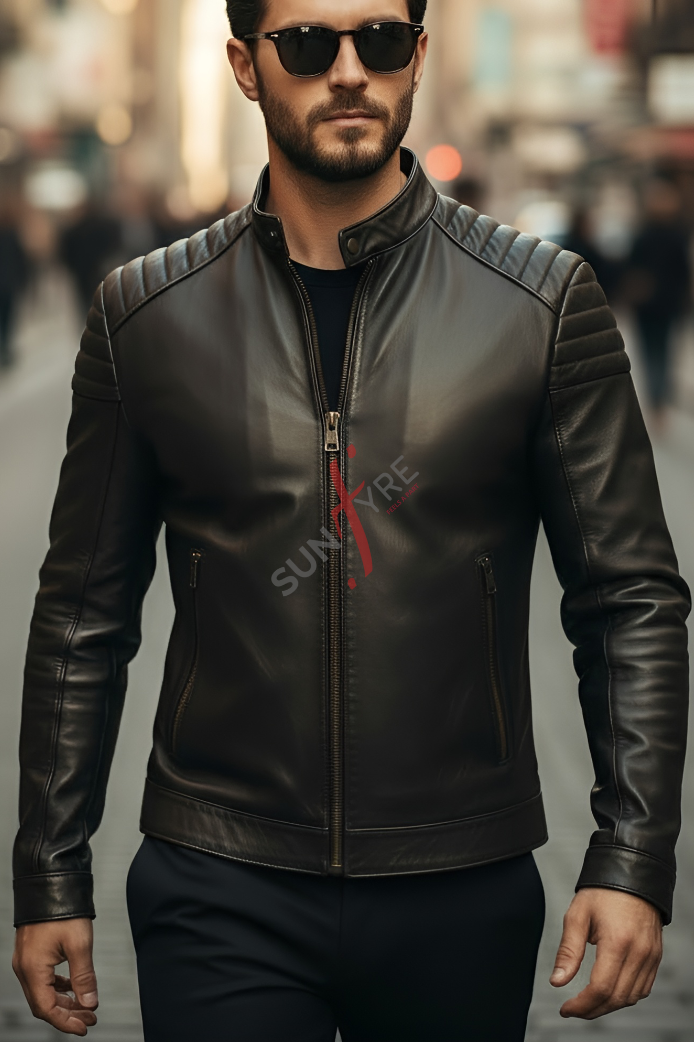 Man wearing a black leather jacket with a brand logo on a blurred street background