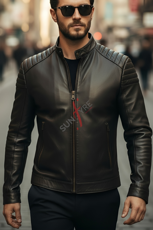 Man wearing a black leather jacket with a brand logo on a blurred street background