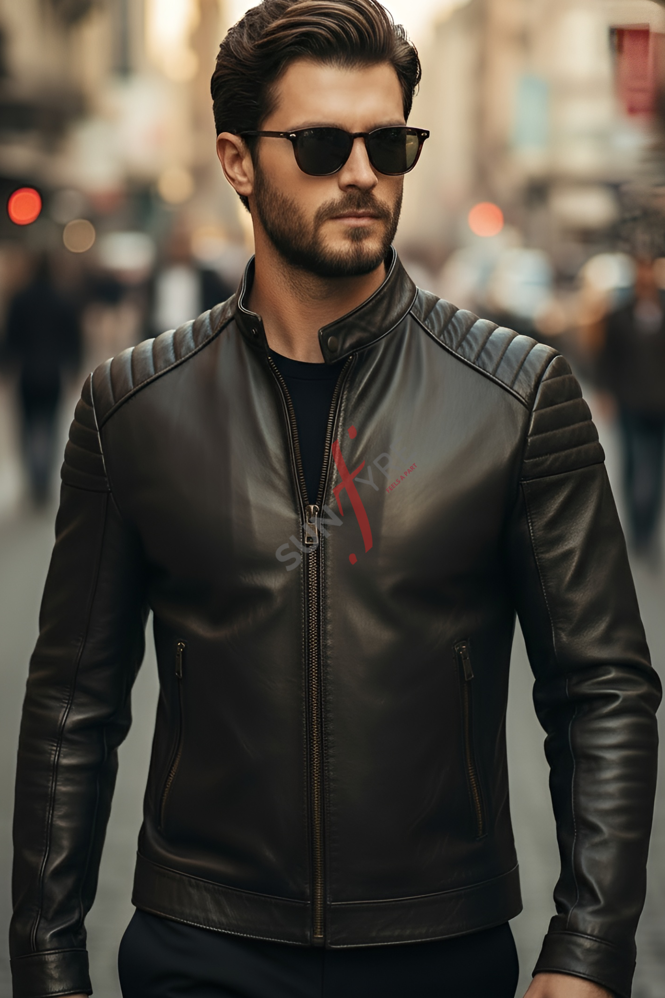 Man wearing a black leather jacket with a blurred city street background