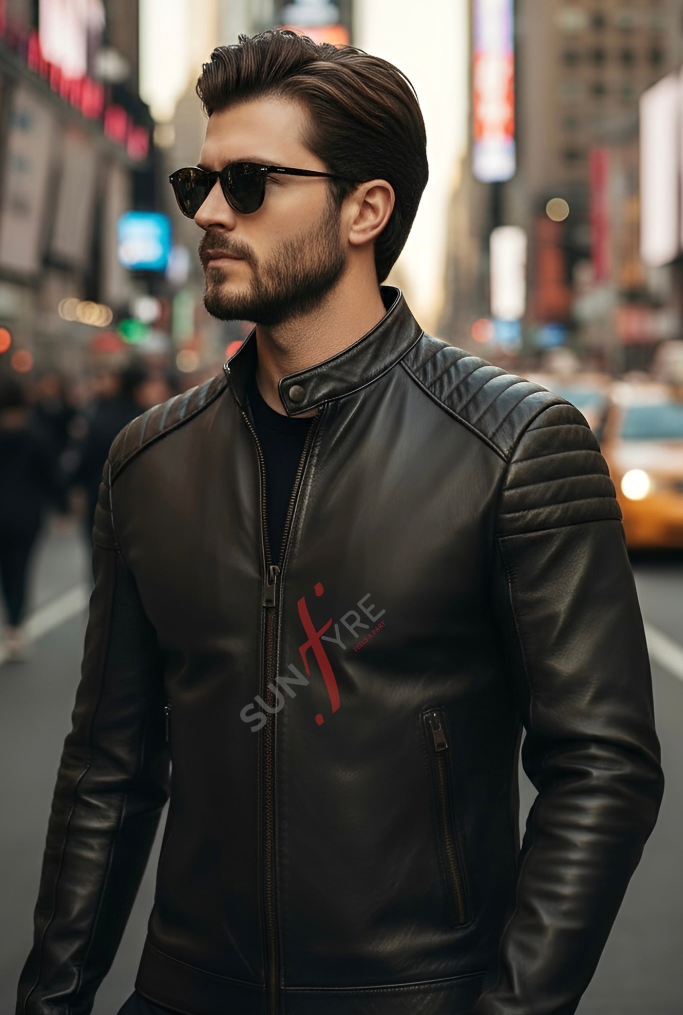 Man wearing a black leather jacket with a brand logo on a city street.